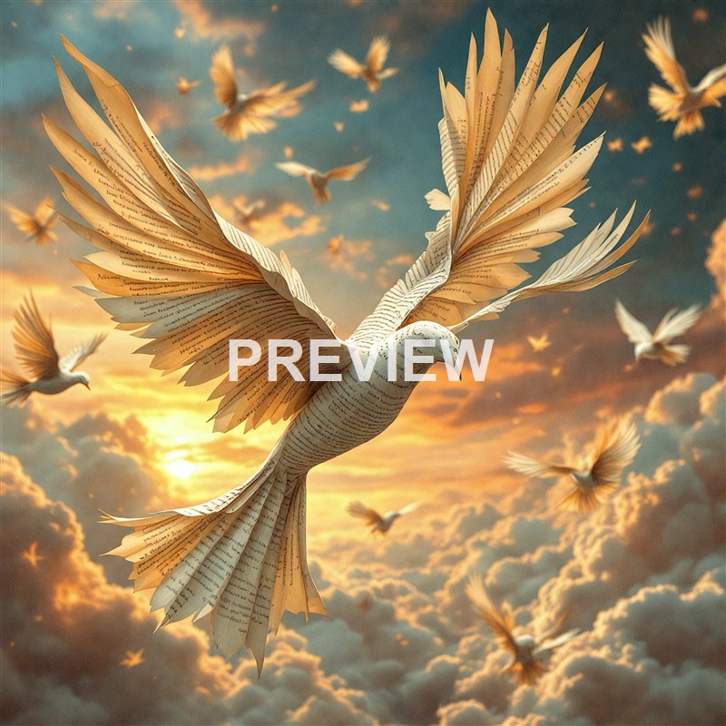 A group of birds with wings made of pages from books flying in a sky filled with clouds and a setting sun.